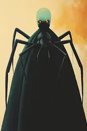 Midjourney generated image using SREF code Surreal Syntax: A black spider with orange eyes standing in front of a yellow background.