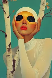 Midjourney generated image using SREF code Surreal Syntax: A woman wearing a white hat and sunglasses standing next to a tree.