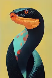 Midjourney generated image using SREF code Surreal Syntax: A painting of a black snake with orange eyes.