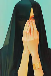 Midjourney generated image using SREF code Surreal Syntax: A woman covering her face with her hands.