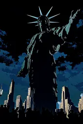 Midjourney generated image using SREF code Robotic Dread: A statue of liberty in front of a city skyline.