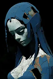 Midjourney generated image using SREF code Robotic Dread: A woman with blue paint on her face and head.