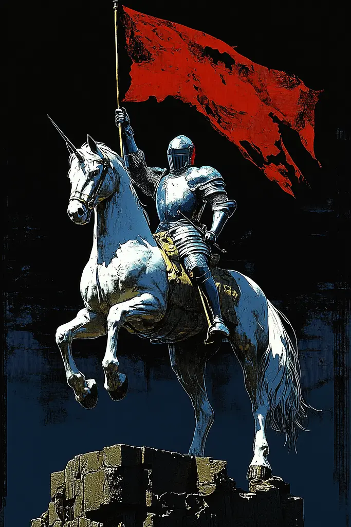 Midjourney generated image using SREF code Robotic Dread: A knight on a horse holding a red flag.