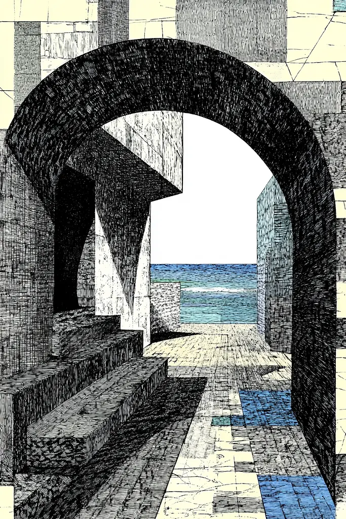 Midjourney generated image using SREF code Fragmented Melody: A drawing of an archway leading to the ocean.