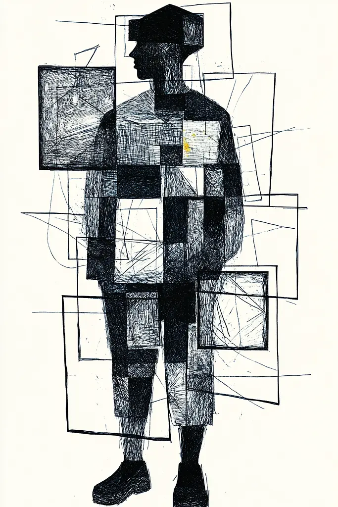 Midjourney generated image using SREF code Fragmented Melody: A black and white drawing of a man standing in front of squares.