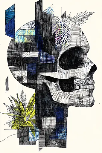 Midjourney generated image using SREF code Fragmented Melody: A drawing of a skull with a plant in it.