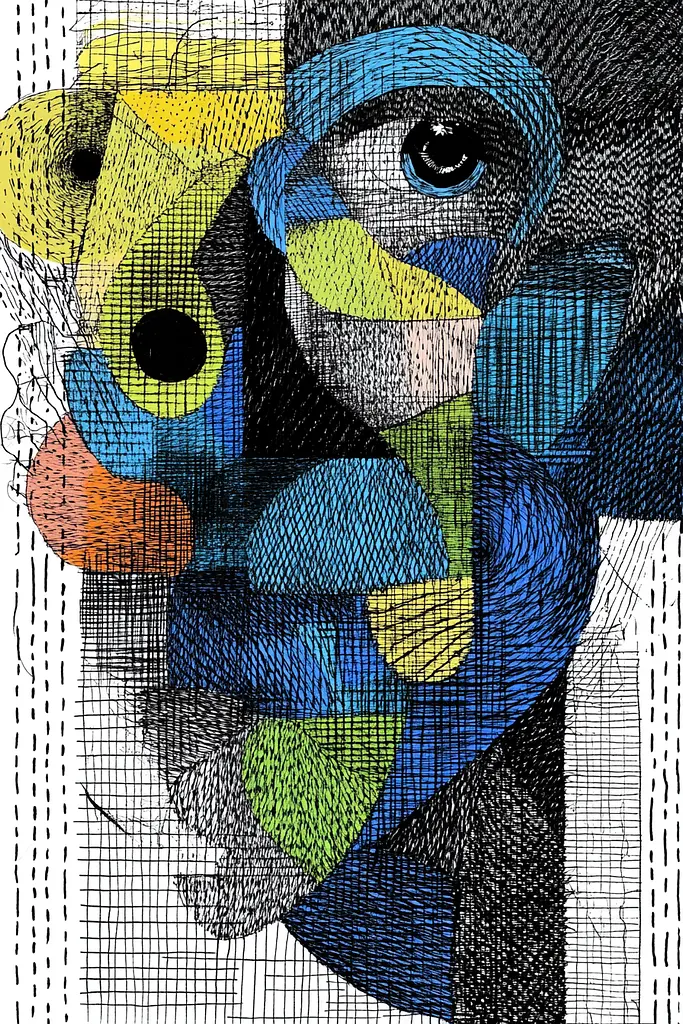 Midjourney generated image using SREF code Fragmented Melody: A drawing of a blue and yellow abstract painting.