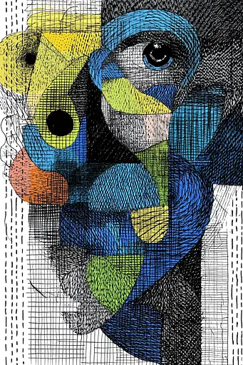 Midjourney generated image using SREF code Fragmented Melody: A drawing of a blue and yellow abstract painting.