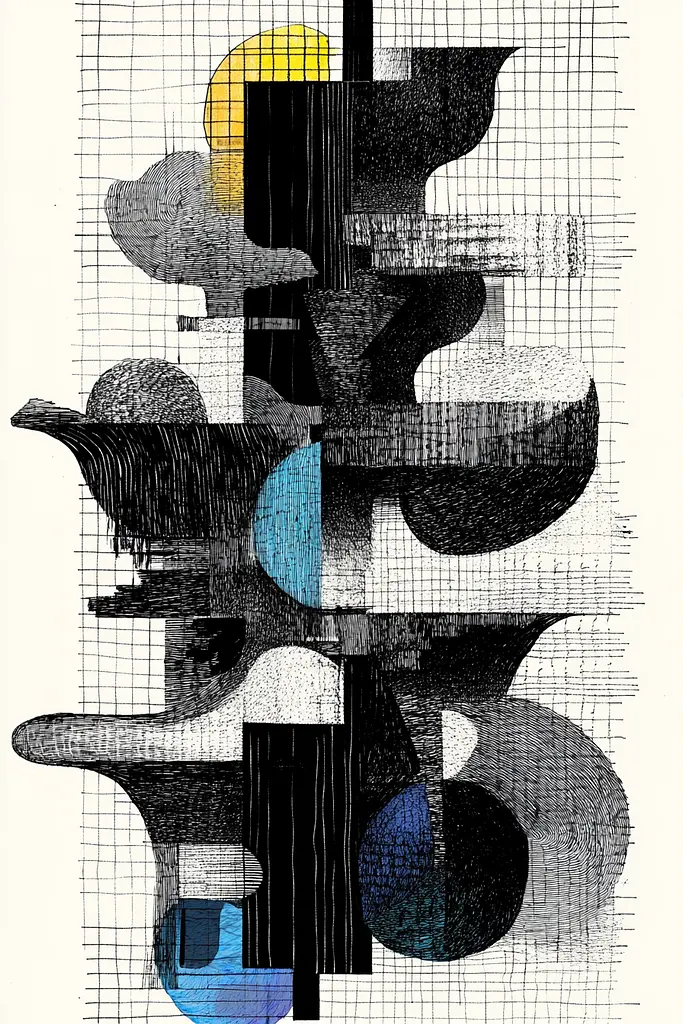 Midjourney generated image using SREF code Fragmented Melody: A black and white drawing of a geometric design.