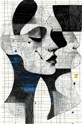 Midjourney generated image using SREF code Fragmented Melody: A black and white drawing of a man and a woman.