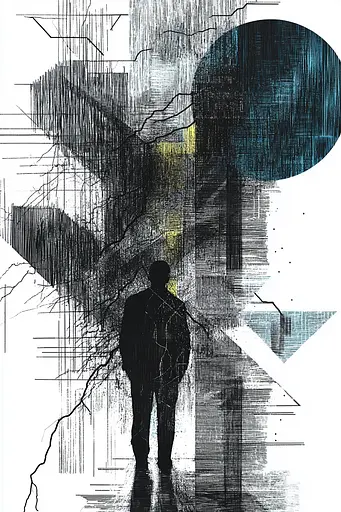 Midjourney generated image using SREF code Fragmented Melody: A man standing in front of a black and white drawing.