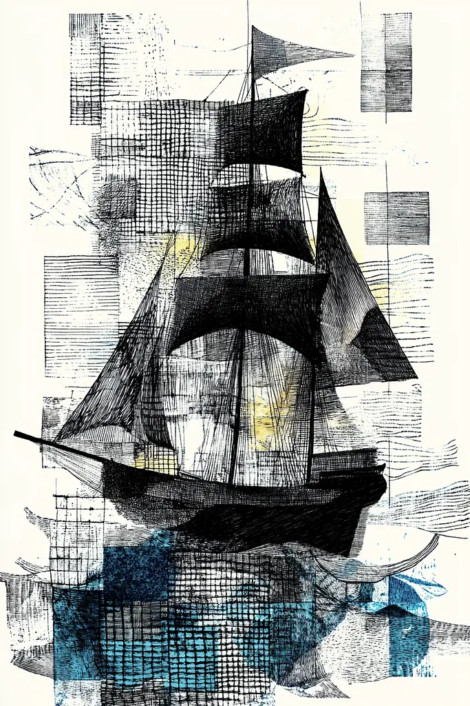 Midjourney generated image using SREF code Fragmented Melody: A black and white drawing of a sailboat in the ocean.