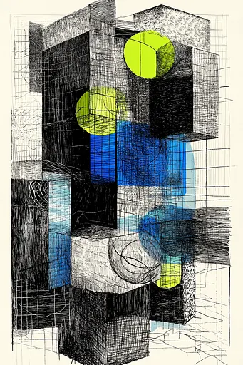 Midjourney generated image using SREF code Fragmented Melody: A black and white drawing of a blue and green cube.