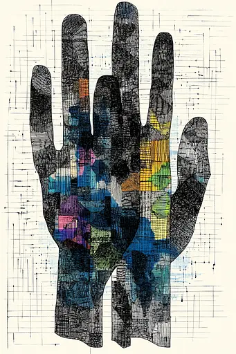 Midjourney generated image using SREF code Fragmented Melody: A drawing of a hand with a pattern on it.