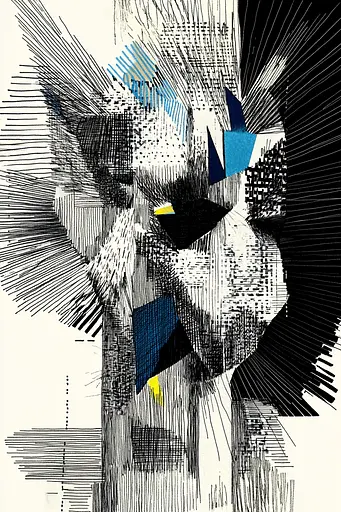 Midjourney generated image using SREF code Fragmented Melody: A black and white drawing of a cat's face.