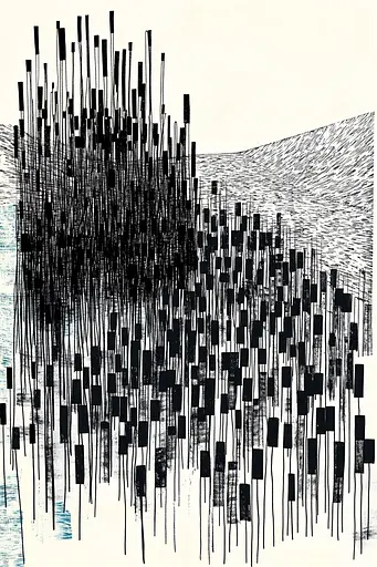 Midjourney generated image using SREF code Fragmented Melody: A black and white drawing of a cityscape.