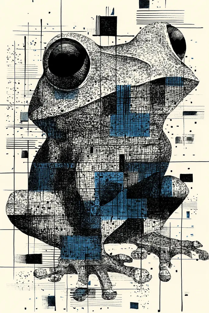 Midjourney generated image using SREF code Fragmented Melody: A drawing of a frog sitting on top of a piece of paper.