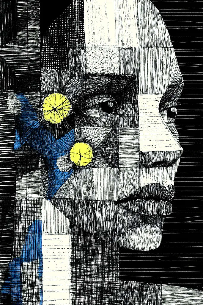 Midjourney generated image using SREF code Fragmented Melody: A black and white drawing of a woman's face.