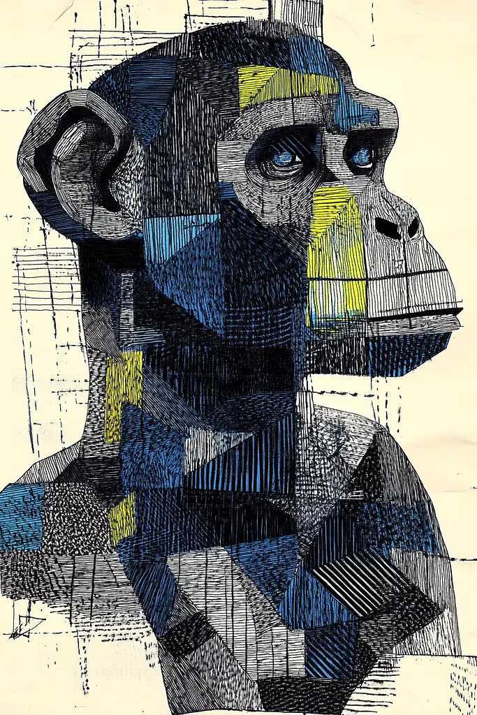 Midjourney generated image using SREF code Fragmented Melody: A drawing of a monkey with blue eyes. 