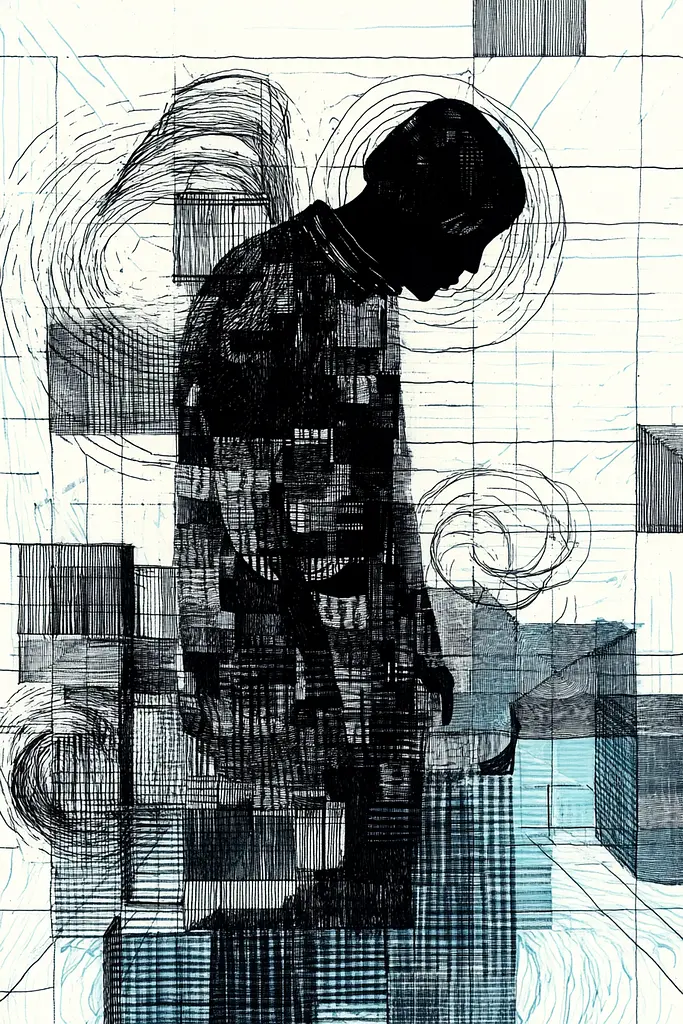 Midjourney generated image using SREF code Fragmented Melody: A black and white drawing of a man standing in front of a window.