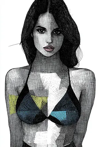 Midjourney generated image using SREF code Fragmented Melody: A drawing of a woman in a bikini top.