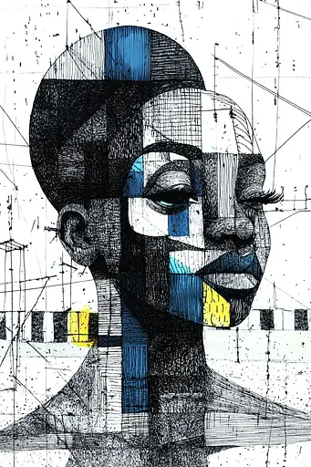 Midjourney generated image using SREF code Fragmented Melody: A drawing of a woman's face with blue and yellow squares.