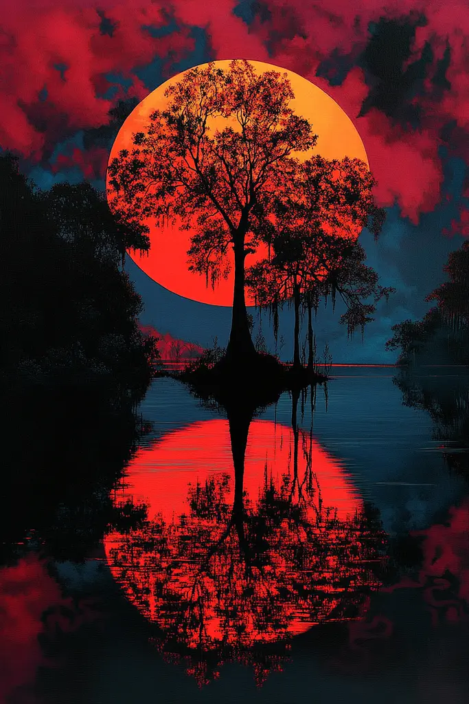 Midjourney generated image using SREF code Cosmic Flux: A painting of a tree in the middle of a lake at sunset.