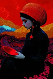 Midjourney generated image using SREF code Cosmic Flux: A woman in a red turban holding a red bowl.