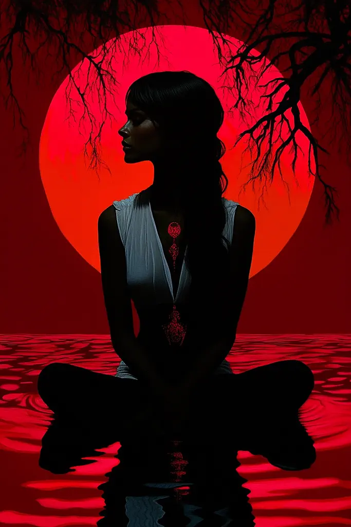 Midjourney generated image using SREF code Cosmic Flux: A woman sitting in a lotus position in front of a red moon.