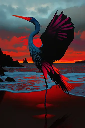 Midjourney generated image using SREF code Cosmic Flux: A painting of a bird standing on a beach at sunset.