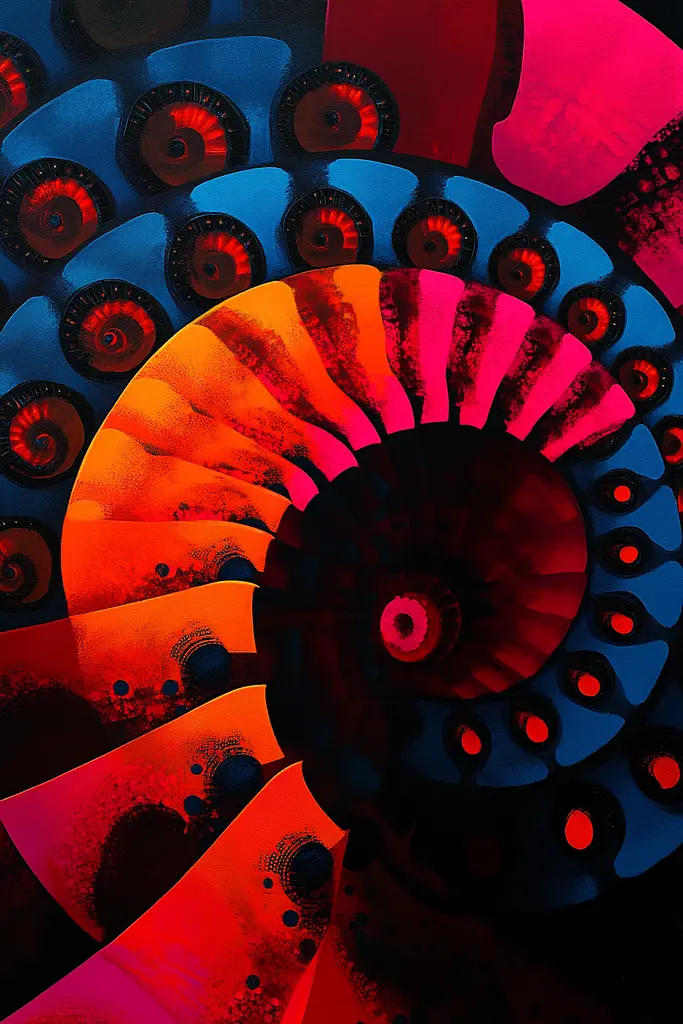 Midjourney generated image using SREF code Cosmic Flux: A spiral staircase with red, blue and orange colors.