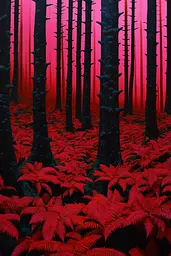 Midjourney generated image using SREF code Cosmic Flux: A forest filled with lots of red ferns and trees.