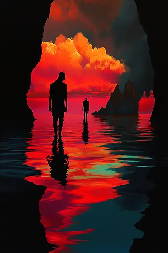 Midjourney generated image using SREF code Cosmic Flux: A man and a woman standing in front of a cave at sunset.