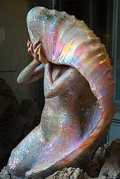 Midjourney generated image using SREF code Iridescent Cosmos: A mermaid with a shell on her head sitting on a rock.