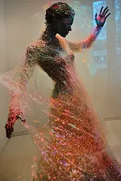 Midjourney generated image using SREF code Iridescent Cosmos: A woman in a long dress is covered in glitter.