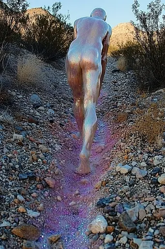 Midjourney generated image using SREF code Iridescent Cosmos: A statue of a man walking down a dirt road.