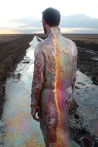 Midjourney generated image using SREF code Iridescent Cosmos: A man standing in the middle of a muddy field.