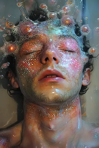 Midjourney generated image using SREF code Iridescent Cosmos: A man with a crown of bubbles on his head.