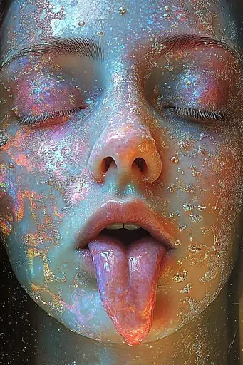 Midjourney generated image using SREF code Iridescent Cosmos: A woman sticking out her tongue in front of her face.