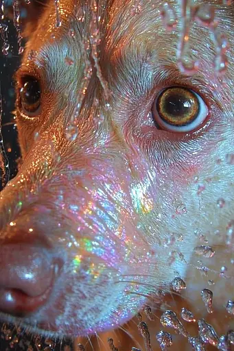 Midjourney generated image using SREF code Iridescent Cosmos: A close up of a dog's face covered in water droplets.