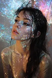 Midjourney generated image using SREF code Iridescent Cosmos: A woman with silver glitter on her body.