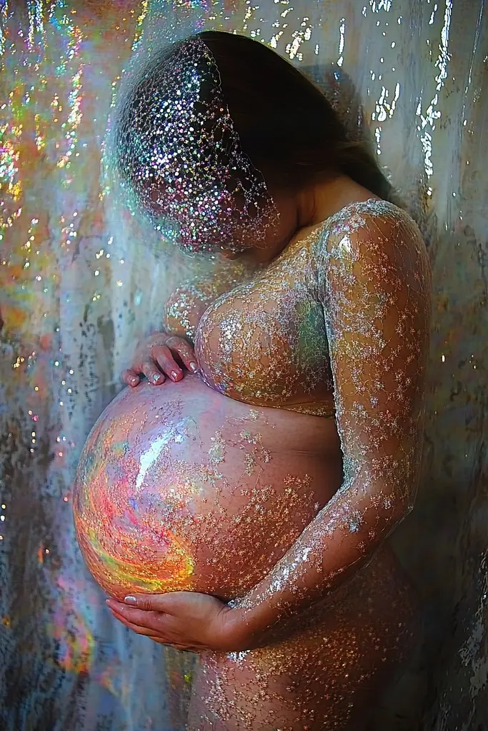 Midjourney generated image using SREF code Iridescent Cosmos: A pregnant woman covered in glitter standing in front of a wall.