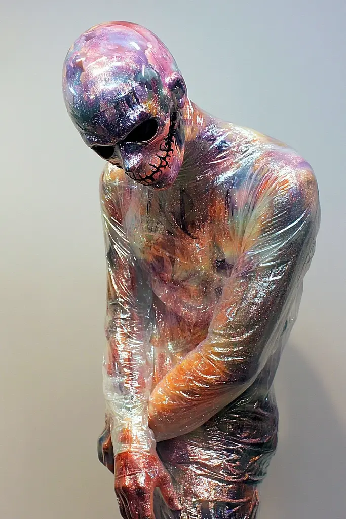 Midjourney generated image using SREF code Iridescent Cosmos: A man covered in plastic wrap with a skull on his head.