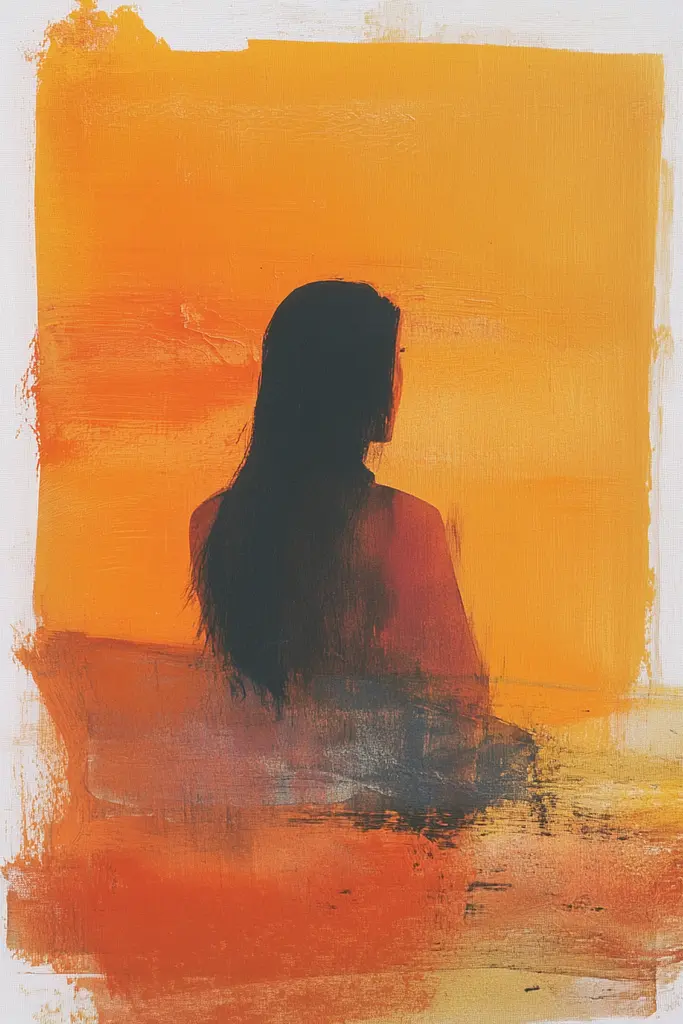 Midjourney generated image using SREF code Chromatic Phantoms: A painting of a woman sitting in front of an orange and yellow background.