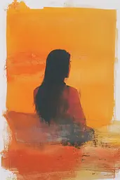 Midjourney generated image using SREF code Chromatic Phantoms: A painting of a woman sitting in front of an orange and yellow background.