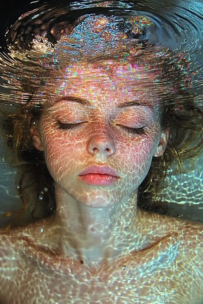 Midjourney generated image using SREF code Iridescent Cosmos: A woman with her eyes closed in the water.