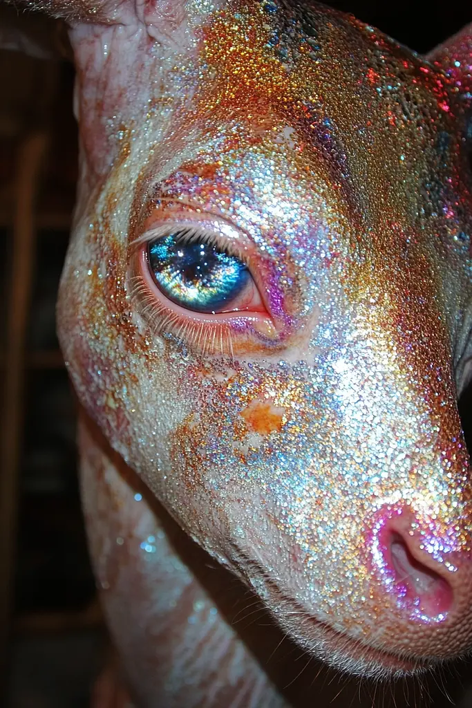 Midjourney generated image using SREF code Iridescent Cosmos: A close up of a pig's face covered in glitter.