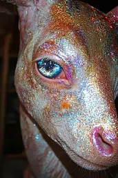 Midjourney generated image using SREF code Iridescent Cosmos: A close up of a pig's face covered in glitter.