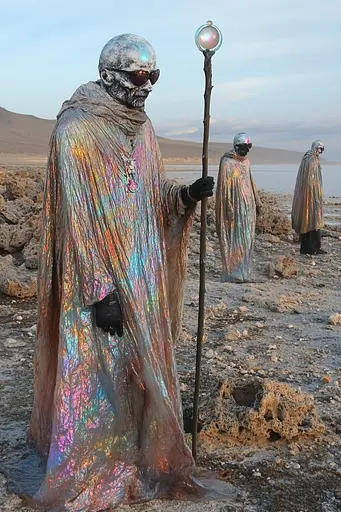 Midjourney generated image using SREF code Iridescent Cosmos: A group of people dressed in silver standing in the desert.