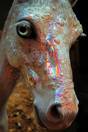 Midjourney generated image using SREF code Iridescent Cosmos: A close up of a horse's face covered in soap bubbles.